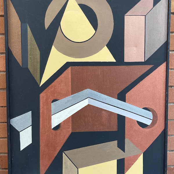 Vintage 70s Abstract Geometric Shapes Painting Modern Art Wall Hanging Signed White