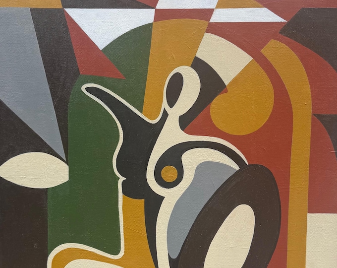 Vintage Abstract Shapes / Figural Acrylic Canvas Painting Multi-Color Modern Art Wall Hanging Timothy Long 70s (5)