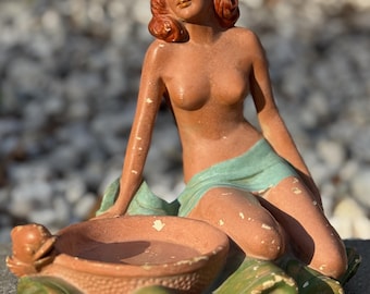 Vintage Nude Pin-Up Chalkware Ashtray Naked Topless Figural Woman Risqué Girl