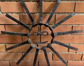 Vintage Metal Sunburst Face Railroad Tie Sculpture Modern Brutalist Abstract 70s