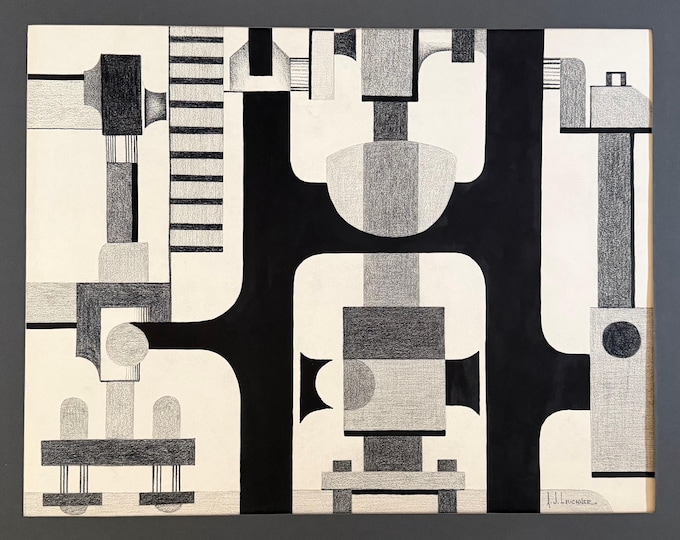 Vintage Abstract Shapes Charcoal Drawing Illustration Mid Century 50s Modern Art Signed Lauchner