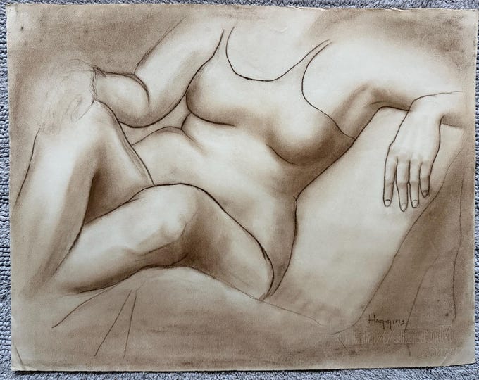 Vintage Woman Posing Charcoal Drawings Illustration Modern Art Signed Higgins 24