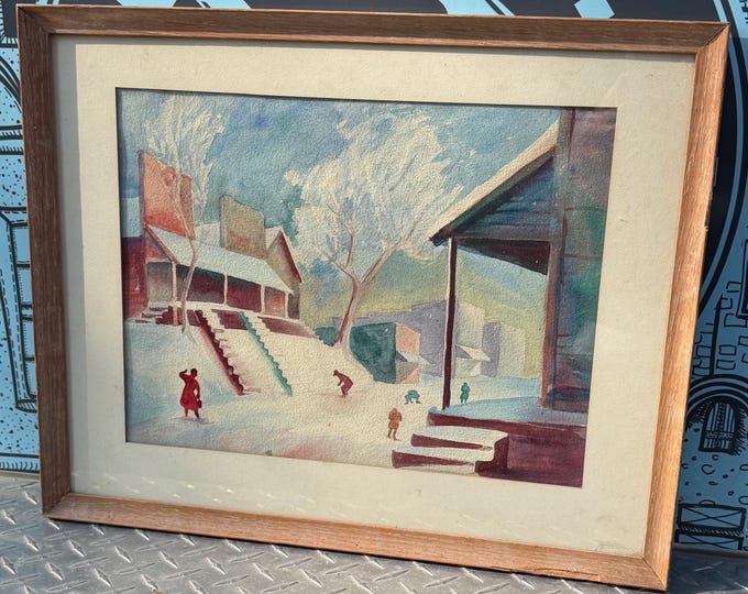Vintage Watercolor Painting Winter Snow Landscape Figural Framed Matted