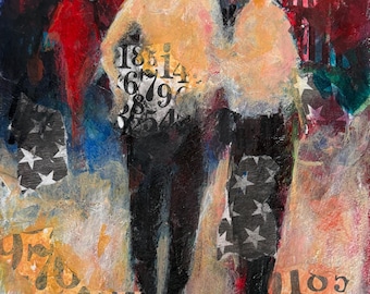 Vintage Abstract Figural Couple Mixed Media Painting Modern Art Wall Hanging