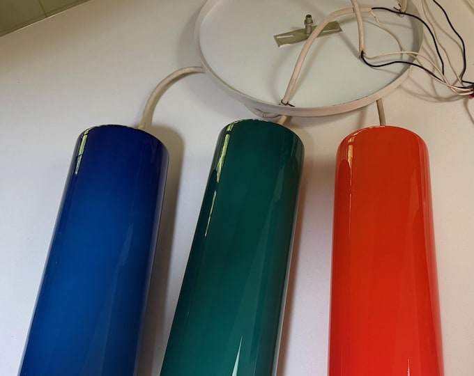 Vintage MCM PRESCOLITE Ceiling Light Swag Pendant Cylindrical Glass Shades 60s Mid Century Modern