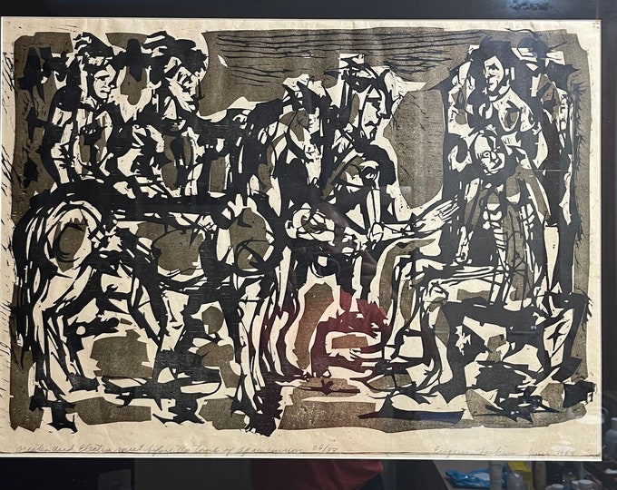 Vintage Eugene Larkin 1950s Woodblock Print Mythology Electra Orestes Mid Century Modern MCM Abstract Art