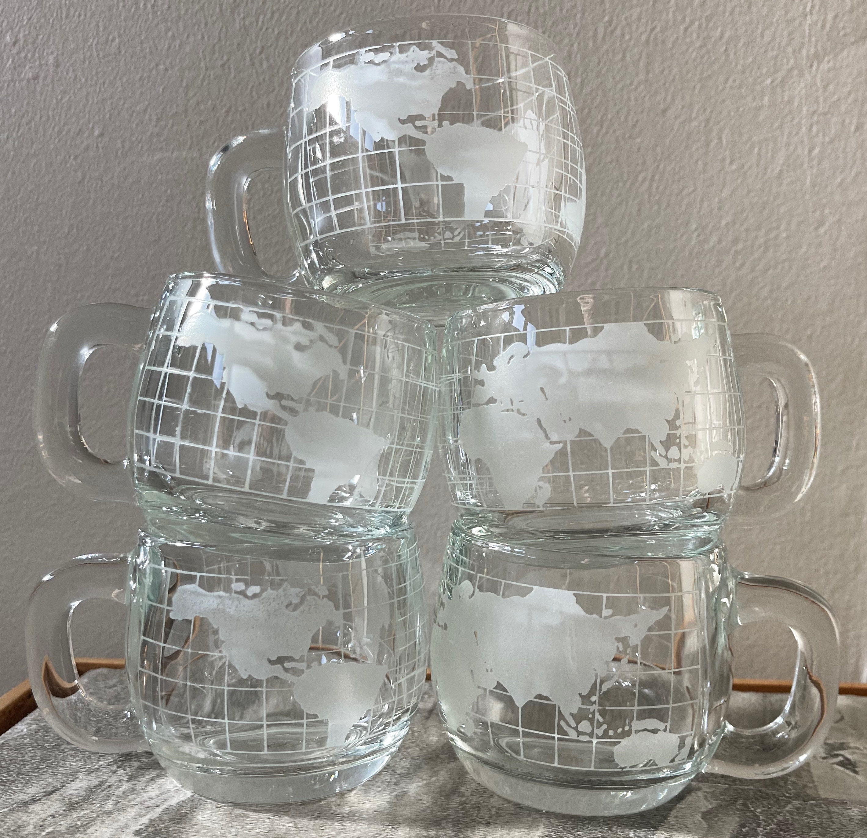 Set 5 Vintage 70s Nestle Glass World Map Globe Handled Glasses Mugs Nescafe