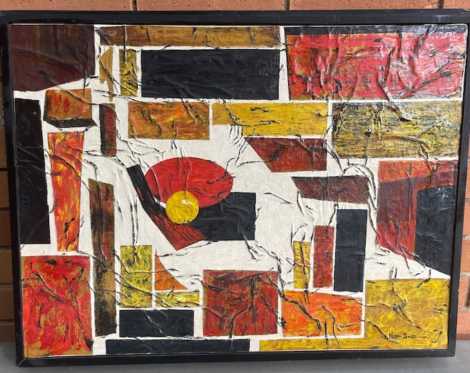 Vintage 60s Abstract Geometric Painting Mid Century Modern Wall Art Signed Smith