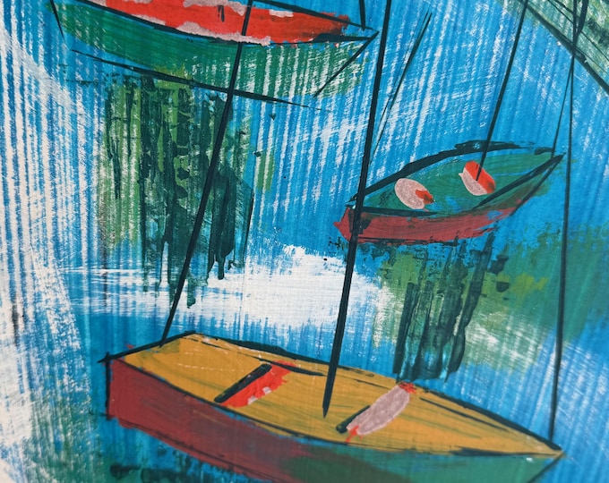 Vintage 60s MCM Abstract Nautical Painting Mid Century Modern Art Signed Sherman