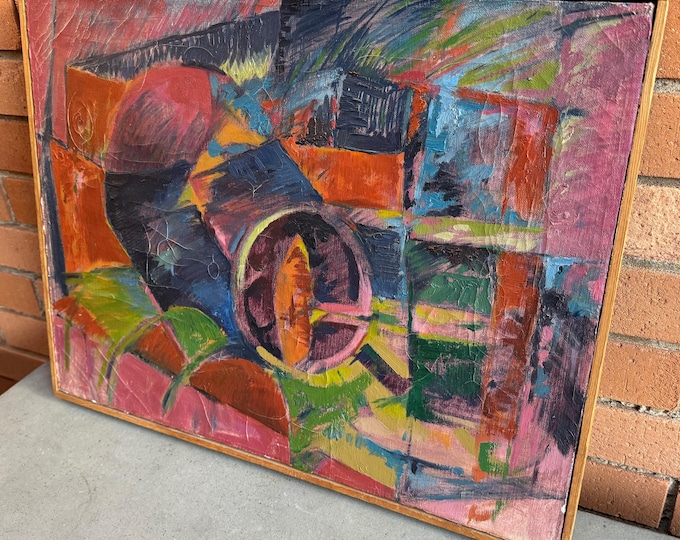 Vintage 60s MCM Abstract Painting Modern Art Wall Hanging Mid Century Signed Linton
