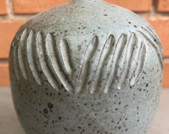 Small Vintage 70s Gray Studio Pottery Ceramic Stoneware Spout Vase Modern Signed