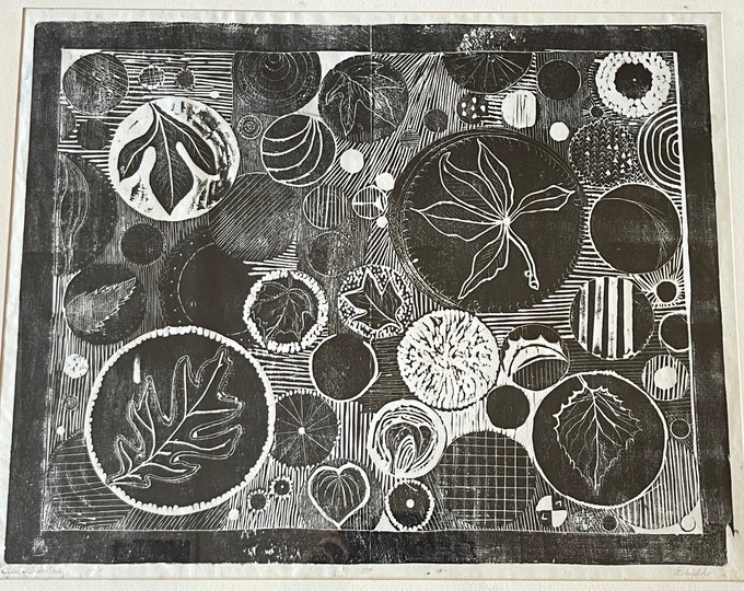 Vintage 70s Circles Leaves Woodblock Print Black Modern Art Wall Hanging Signed Biefeld