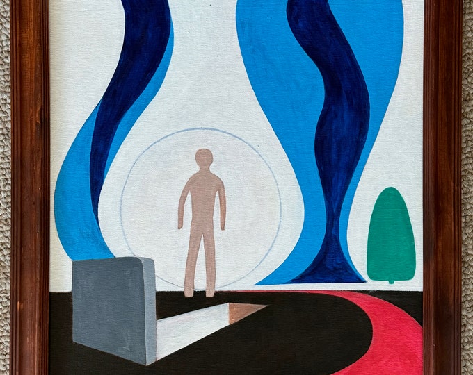 Vintage Geometric Surreal Abstract Painting Art Wall Hanging Signed REM Menges