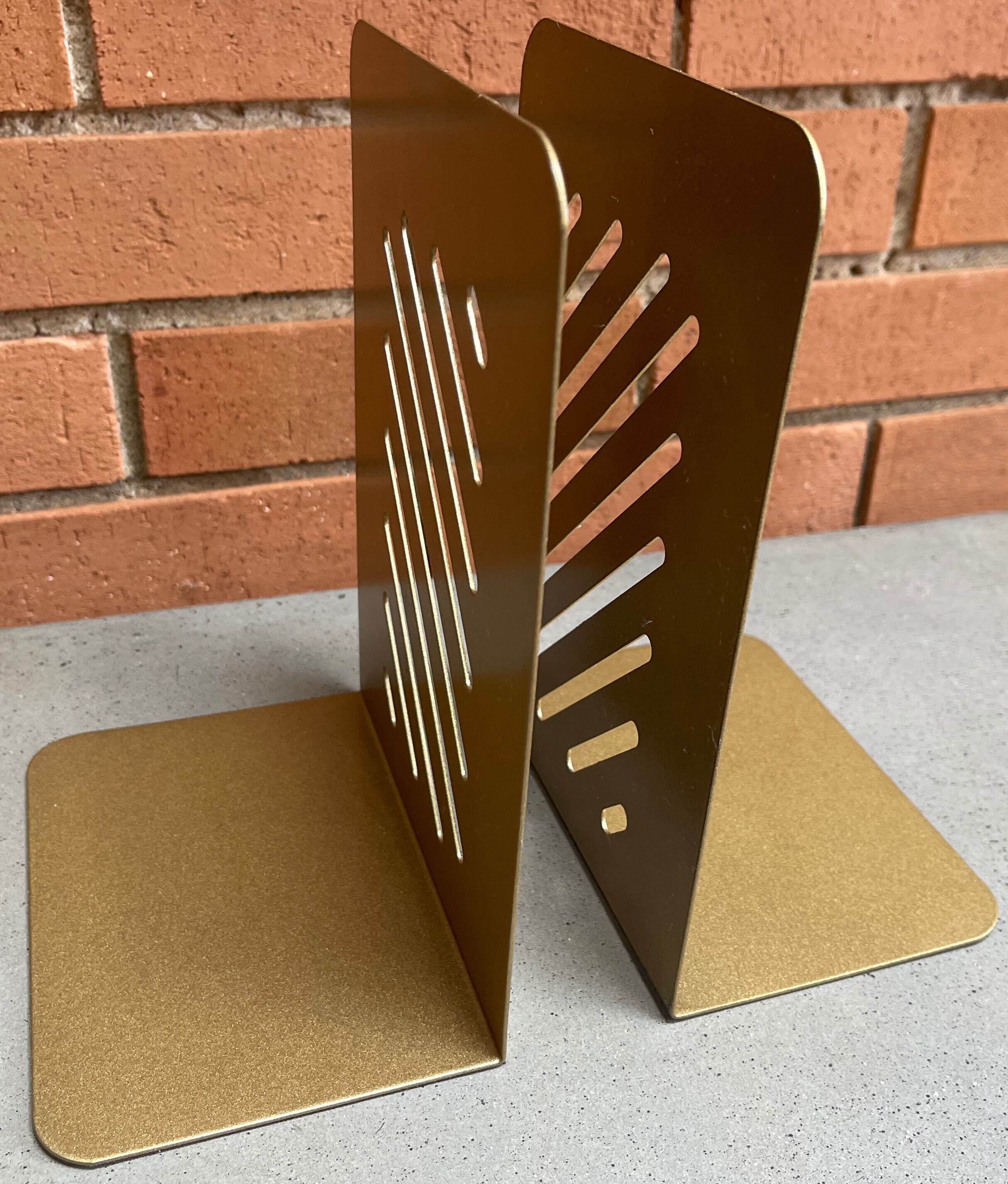 Large Pair Contemporary Gold Metal Horizontal Cut Outs Modern Bookends