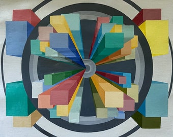 VIntage 80s Geometric Optical Art Hard Edge Painting Modern Wall Hanging Signed