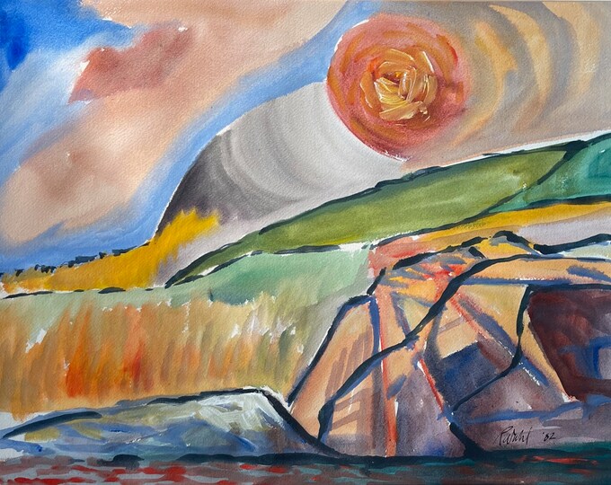 Vintage 1980s Landscape Watercolor Painting Modern Art Wall Hanging Signed