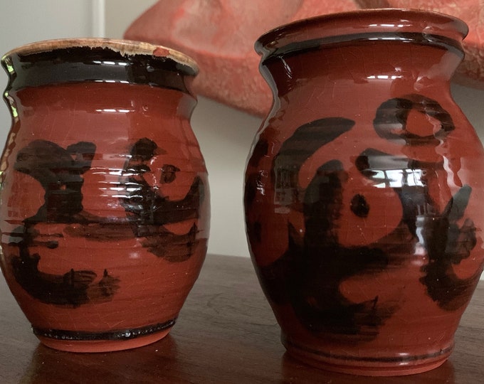 Pair Vintage 1970s Hand Painted Ceramic Vases Planters Mid Century Modern Deyoe