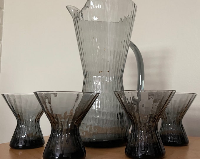 VIntage Elegant Mortantown Hoffman House Optic Steel Smoke Gray Pitcher + Glasses MCM Mid Century Modern