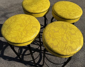 Vintage MCM Abstract Yellow Iron Barstools Mid Century Modern Atomic Era 1950s