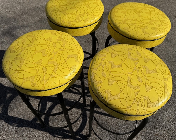Vintage MCM Abstract Yellow Iron Barstools Mid Century Modern Atomic Era 1950s