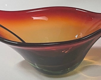 Vintage 60s Red Decorative Art Glass Console Bowl Mid Century Modern Elongated