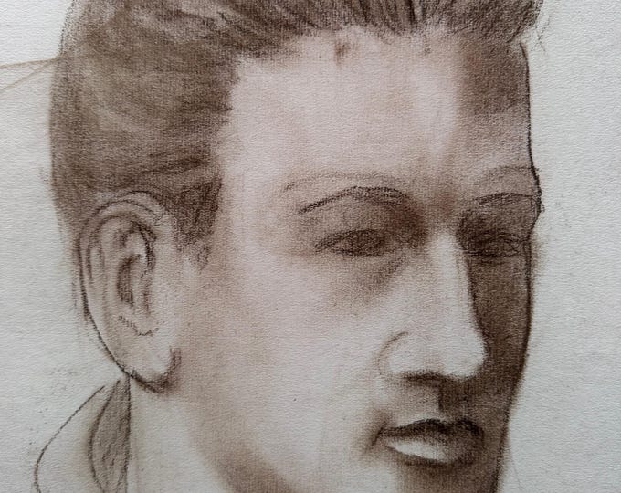 Vintage Male Head Charcoal Drawing Illustration Modern Art Signed Higgins 14