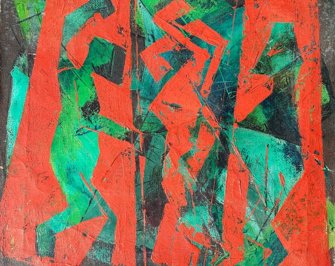 Vintage 40s Abstract Expressionist Figural Oil Painting Modern Art Mid Century MCM Signed Pat Fussell '49