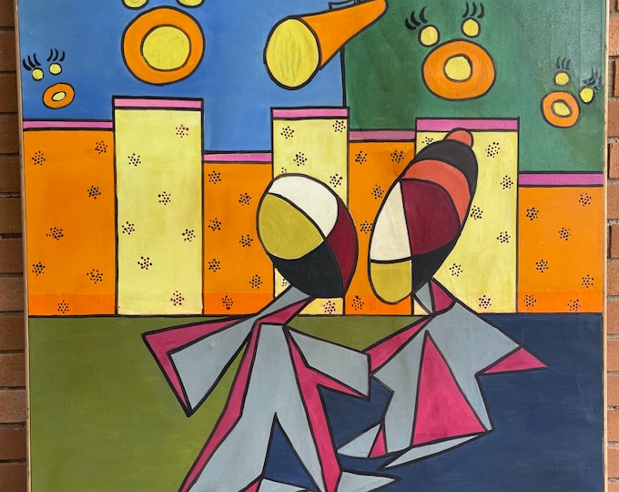 Vintage 70s Abstract Cubist Figural Oil Painting Modern Art Wall Hanging Signed