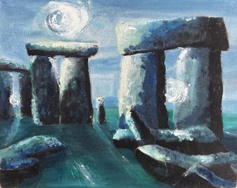 Vintage 70s Stonehenge Landscape Oil Painting Modern Art Wall Hanging Mystery Artist