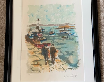 Vintage Huchet Les Deux Pecheurs Color Lithograph Wall Hanging Modern Art Signed