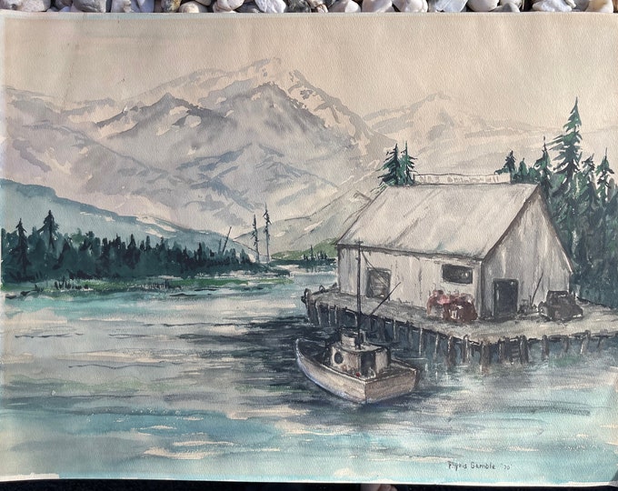 Vintage 1970s Nautical Landscape Mountains Watercolor Painting Signed Gamble