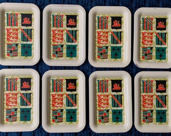 Set 8 Vintage Metal Tin Lion Crest Stackable Dishes Plates Mid Century Modern