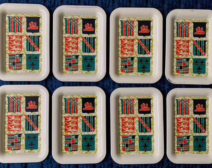 Set 8 Vintage Metal Tin Lion Crest Stackable Dishes Plates Mid Century Modern
