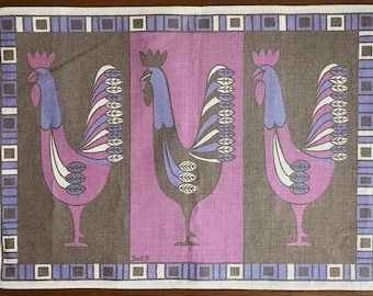 Vintage 60s Mod Roosters Textile Cloth Placemat Brit B Mid Century Modern Fabric