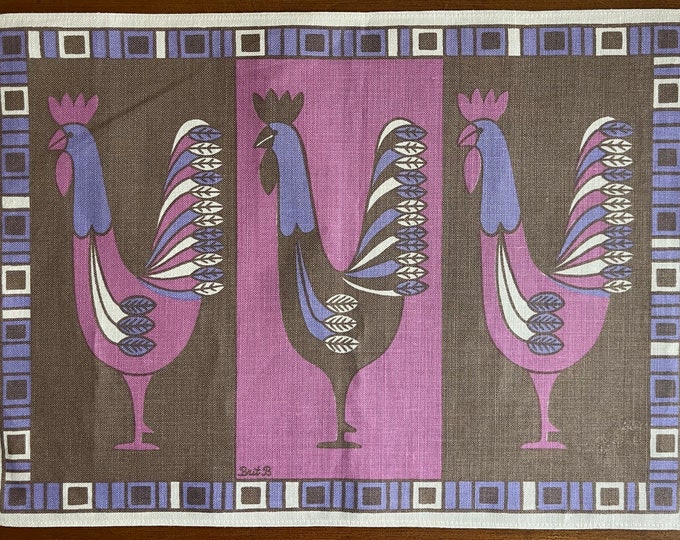 Vintage 60s Mod Roosters Textile Cloth Placemat Brit B Mid Century Modern Fabric