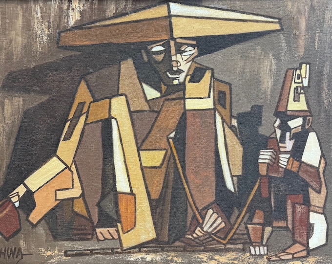 Vintage 50s 60s Abstract Cubist Figural Oil Painting Signed Mid Century MCM Modern Art