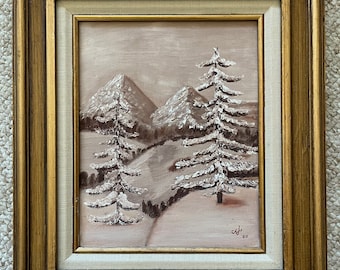 VIntage 80s Trees Mountains Landscape Painting Modern Art Wall Hanging Signed
