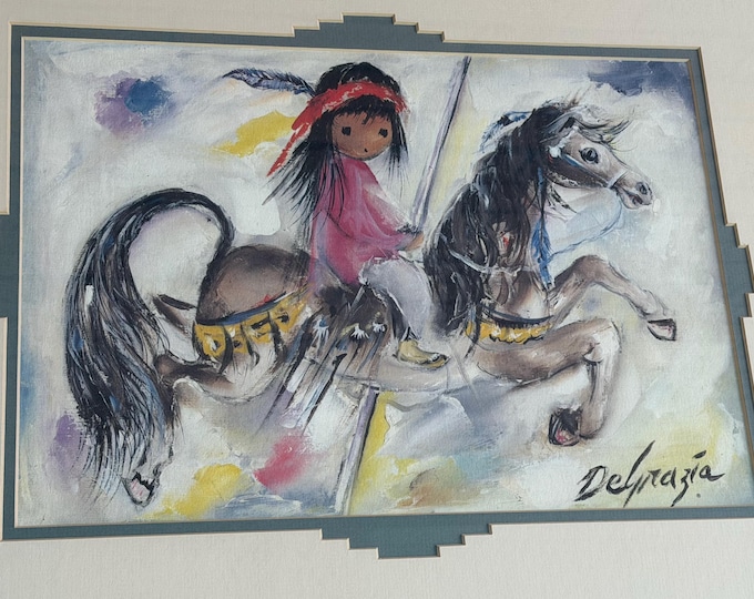Vintage DeGrazia Lithograph Print Framed Wall Hanging Southwest Girl on Horse