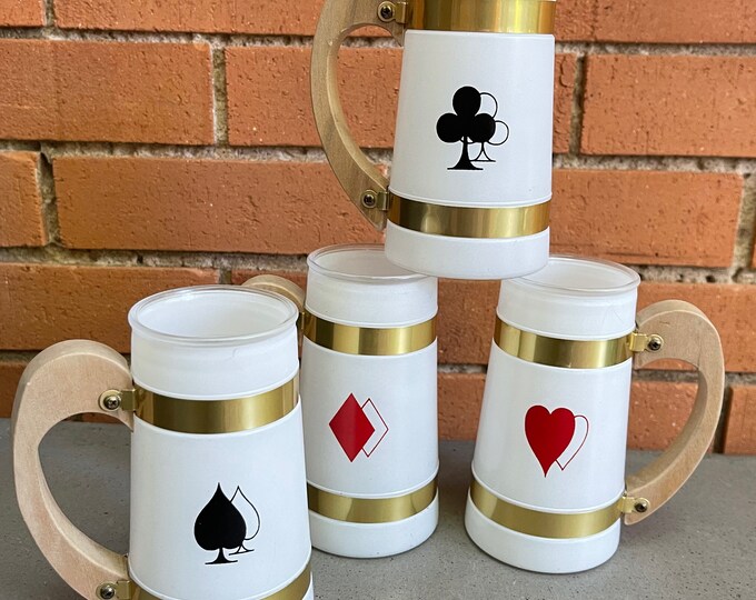 Set 4 Vintage Siesta Ware Poker Drinking Glasses Heart Clubs Diamonds Spades Mid Century Modern Kitsch