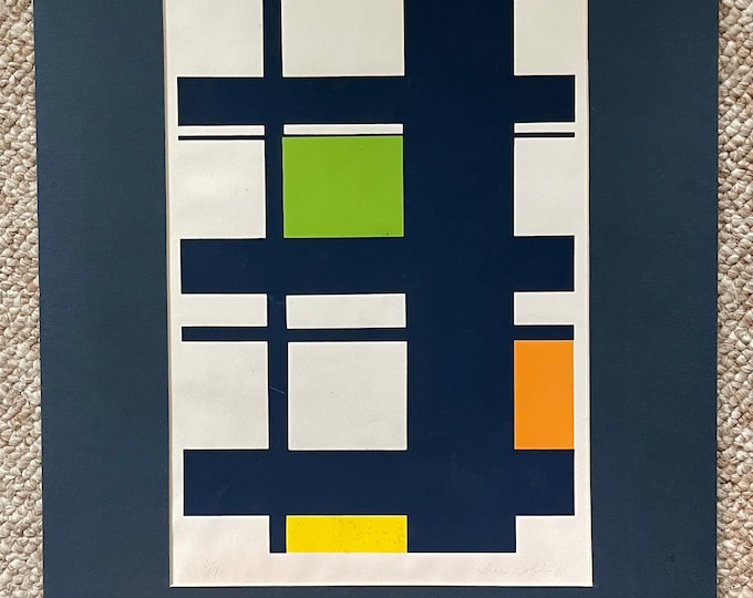 Vintage 70s Geometric Shapes Squares Rectangles Screen Print Serigraph Modern Art Susan Kohl Blue Green Orange Yellow