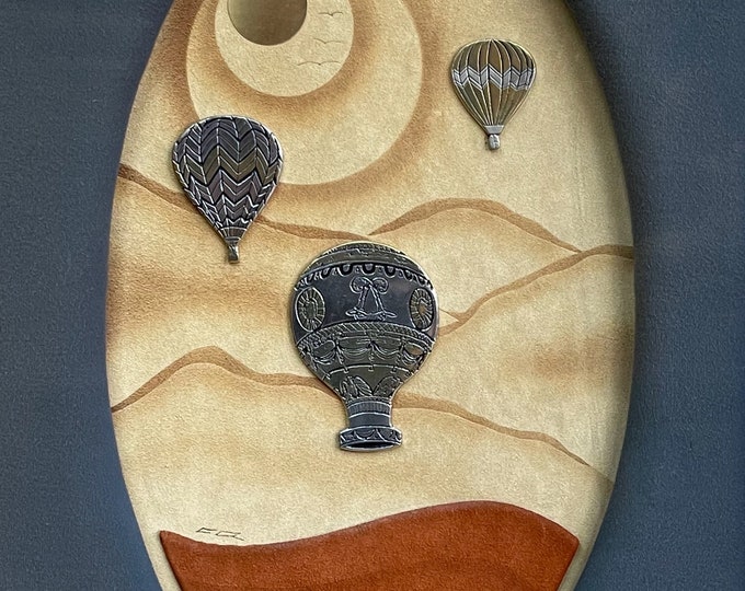 Vintage 70s Mixed Media Fiber Art Metal Modern Wall Hanging Art Hot Air Balloons Signed