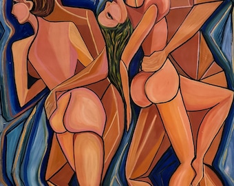 Vintage Abstract Cubist Nude Couples Dancing Painting Modern Art Signed X-Large