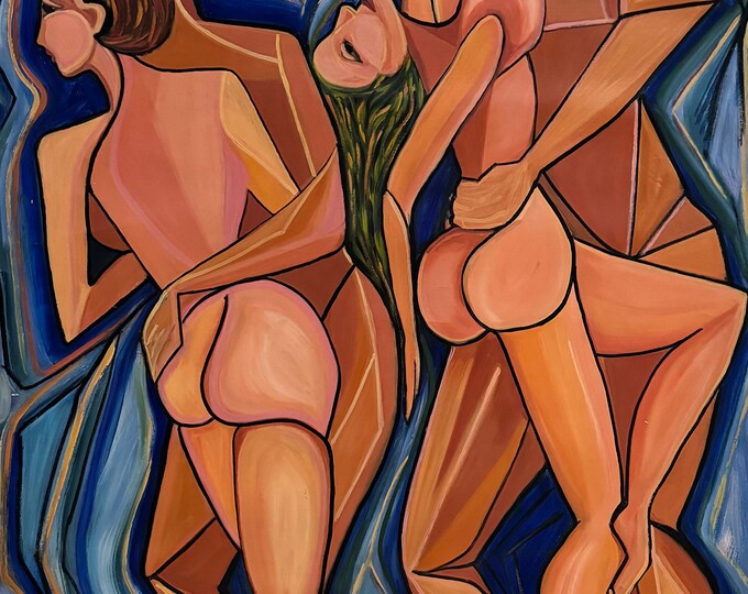Vintage Abstract Cubist Nude Couples Dancing Painting Modern Art Signed X-Large