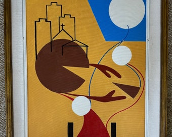 Vintage Surreal Abstract Geometric Painting Art Wall Hanging Signed REM Menges