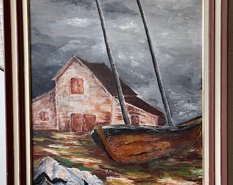 Framed Vintage 70s Nautical Landscape Oil Painting Modern Art Wall Hanging Signed Hennessy