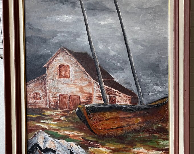 Framed Vintage 70s Nautical Landscape Oil Painting Modern Art Wall Hanging Signed Hennessy