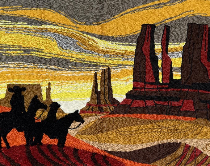 Vintage MCM Cowboys Horses Western Buttes Tapestry Rug Wall Hanging 60s 70s Art