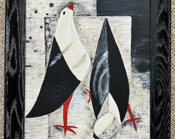 Vintage 70s Abstract Bird Egrets Painting Modern Art Wall Hanging Signed Dudeck
