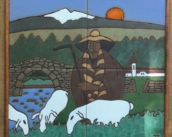 Vintage 60s Shepherd Ceramic Tile Wall Hanging Retro Art Mid Century Modern Signed Sixties