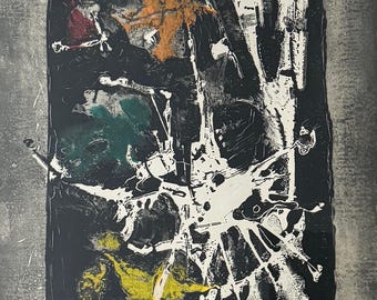 Vintage 1960s MCM Abstract Expressionist Woodblock Print Signed Heinrich Wilthelm Germany